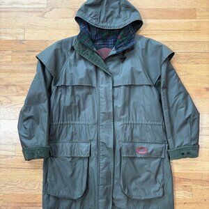 Vintage Woolrich Waxed Cotton Raincoat Jacket Women's M Olive Green Wool Tartan